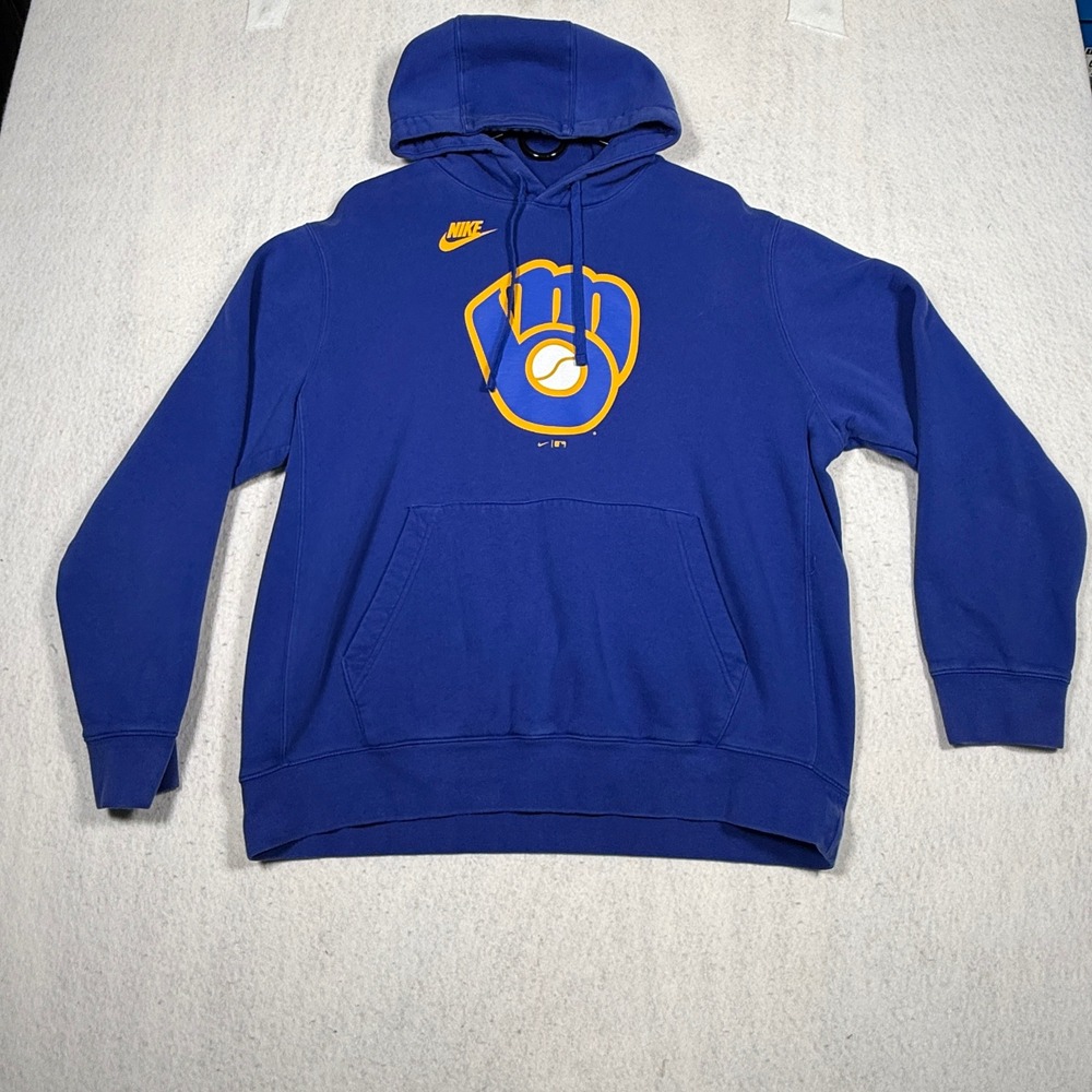 Nike Milwaukee Brewers Hoodie Royal Blue MLB Ball-in-Glove Pullover Mens XL